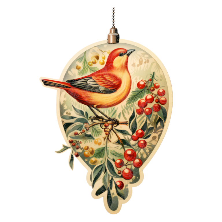 Vintage bird christmas ornament featuring red tanager on berry branches, Grey Barn Handwerk, Saskatchewan.